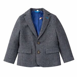 Boden Boys Gray Herringbone Blazer Jacket Blue Lined Size 4 5  school pictures